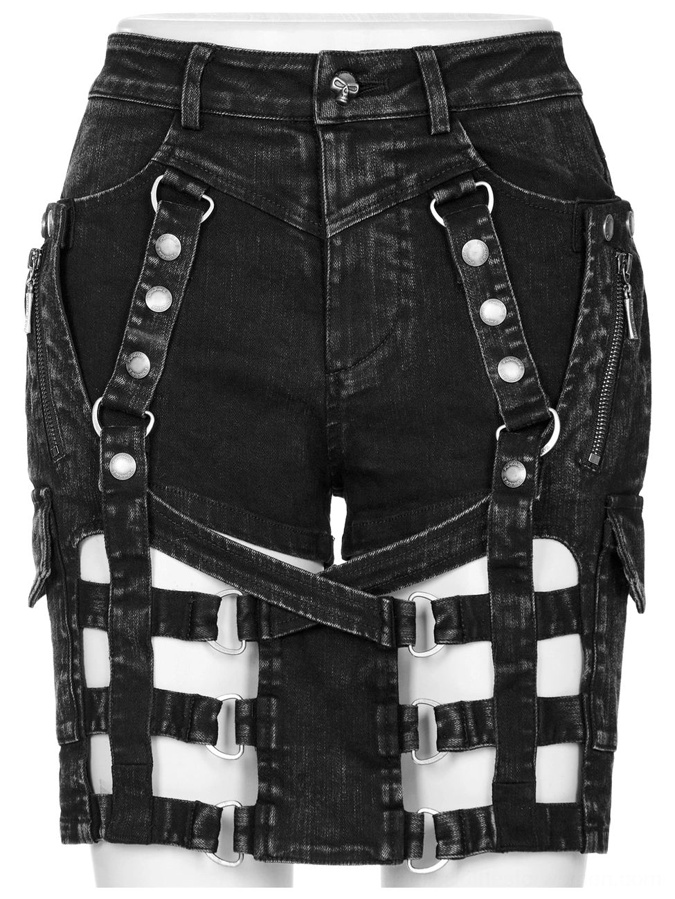 Black cutout denim shorts with lattice harness and multiple silver buckles D-rings front display
