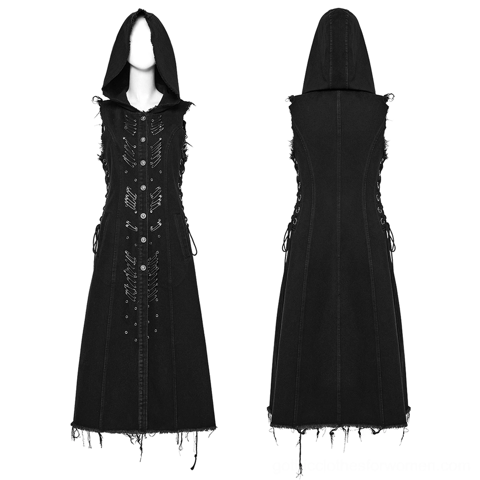 Black denim hooded cape front and back mannequin display, side lace-up corset details, safety pin decorations and raw hem