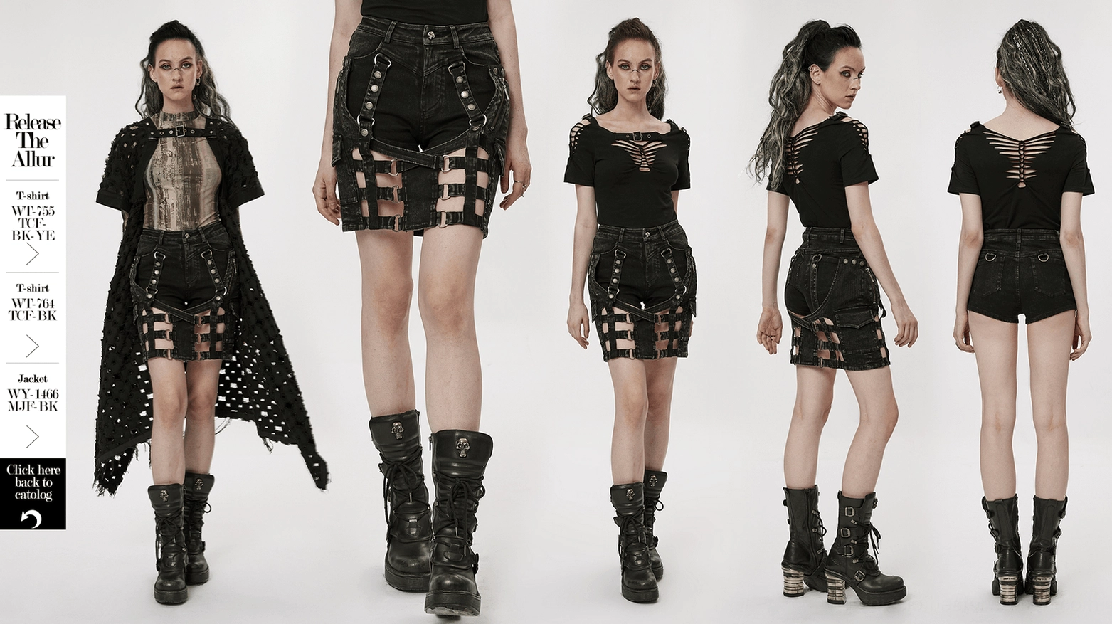 Black gothic denim shorts with detachable skirt and silver buckle hardware system