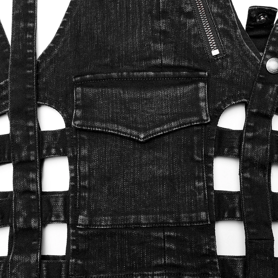 Gothic black denim shorts texture detail showing faded weave and metal hardware