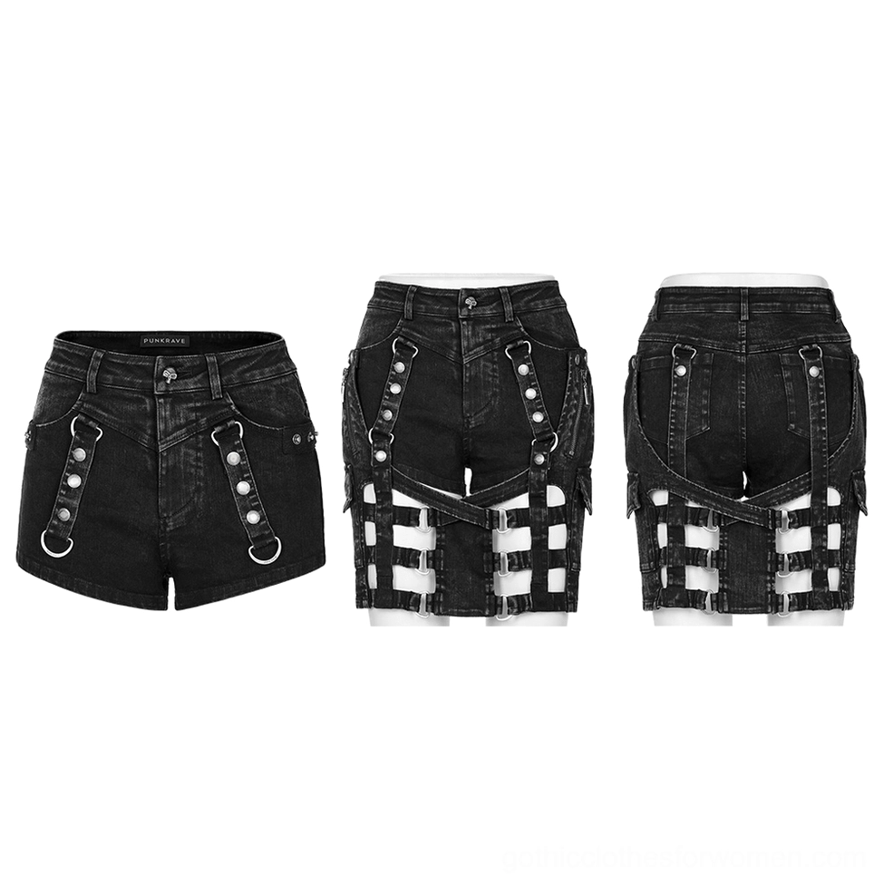 Black washed denim harness shorts-skirt flat lay displays front back and detail shots