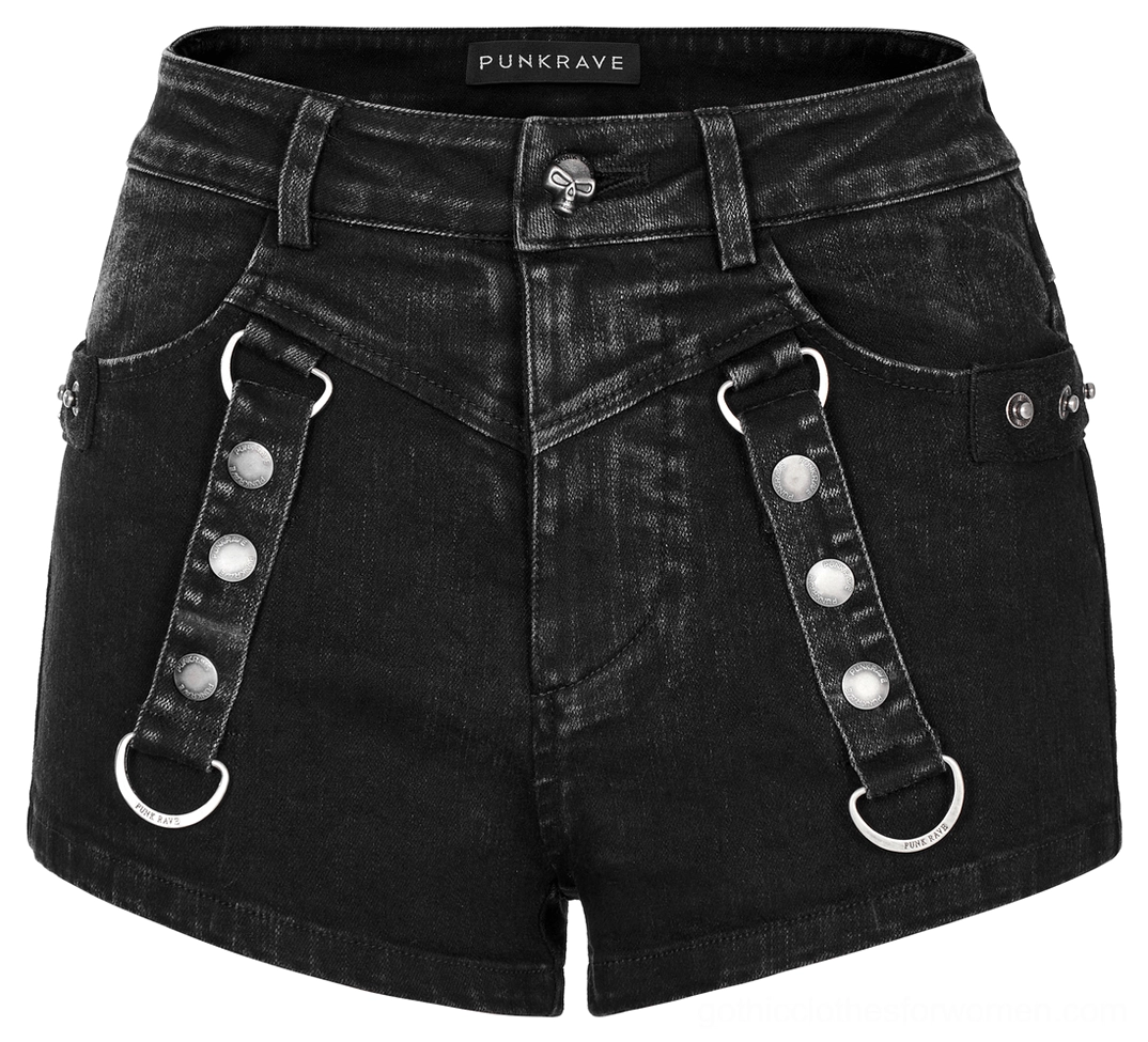 Black denim shorts front flat lay showing button fly and silver hardware details