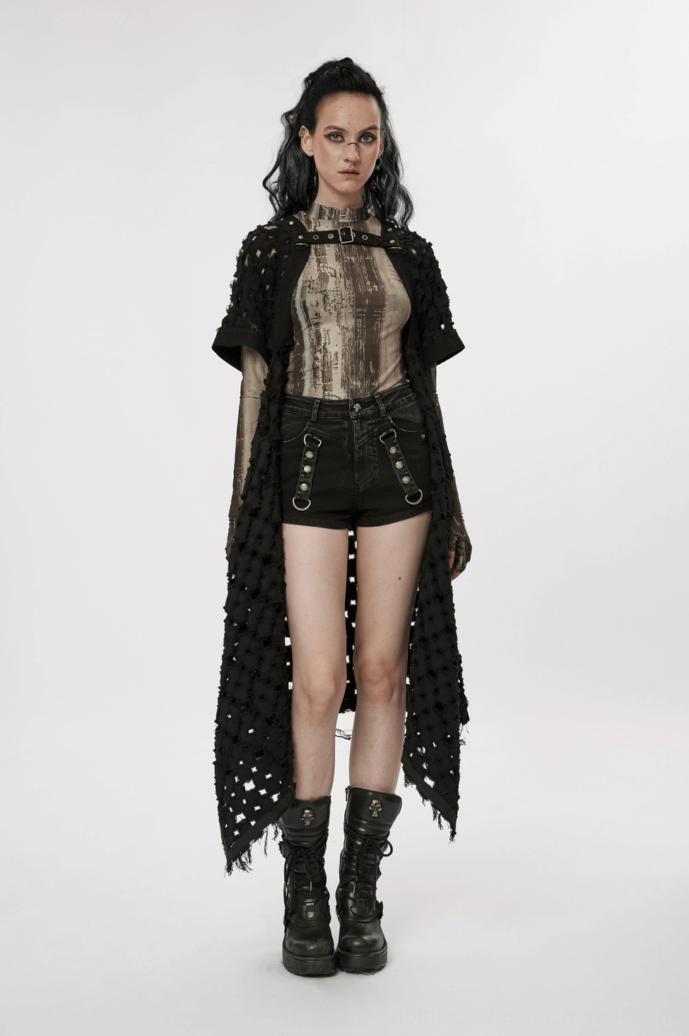 Black denim cutout harness shorts-skirt full product view with lattice and metal details