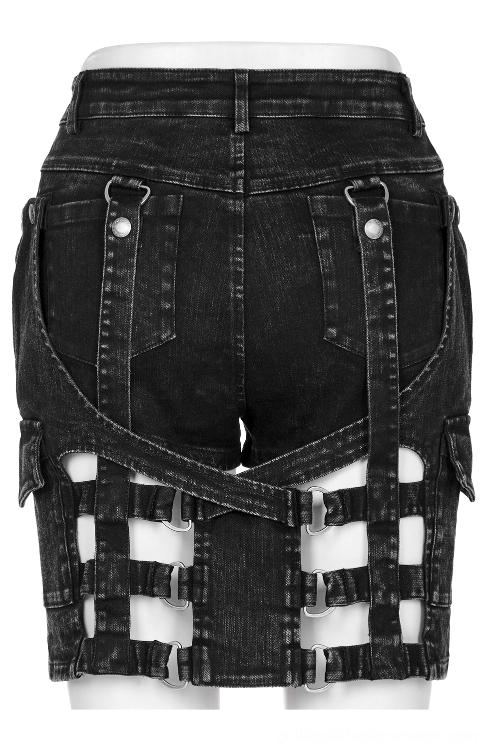 Black denim harness shorts rear flat lay with back pockets and cutout lattice lower hem design