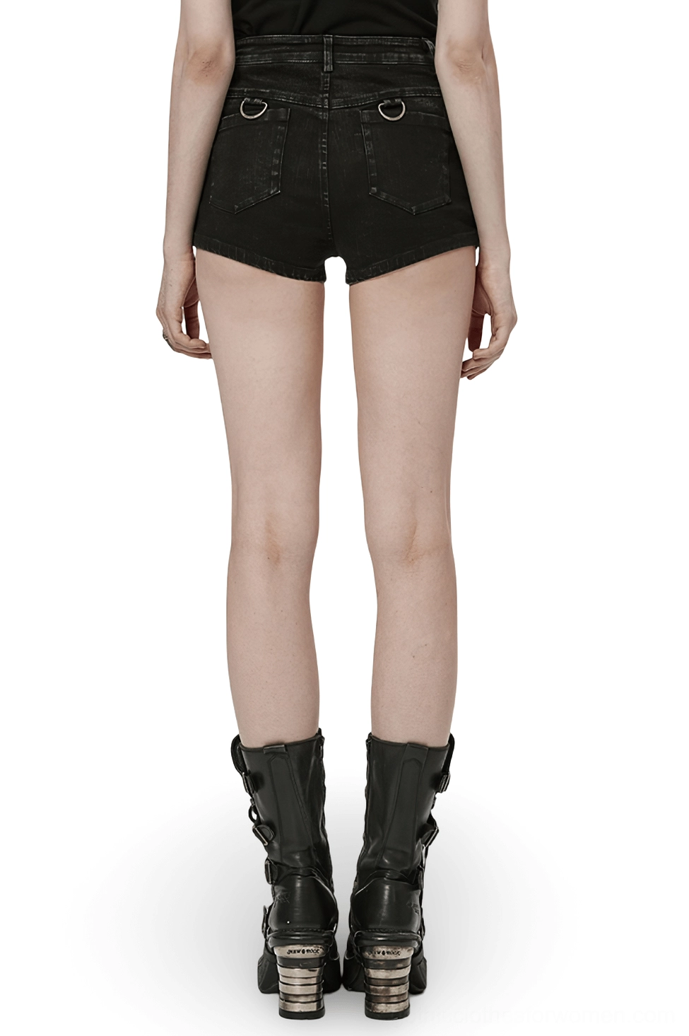 Black gothic denim shorts-skirt rear view showing high-waisted back pockets and harness straps