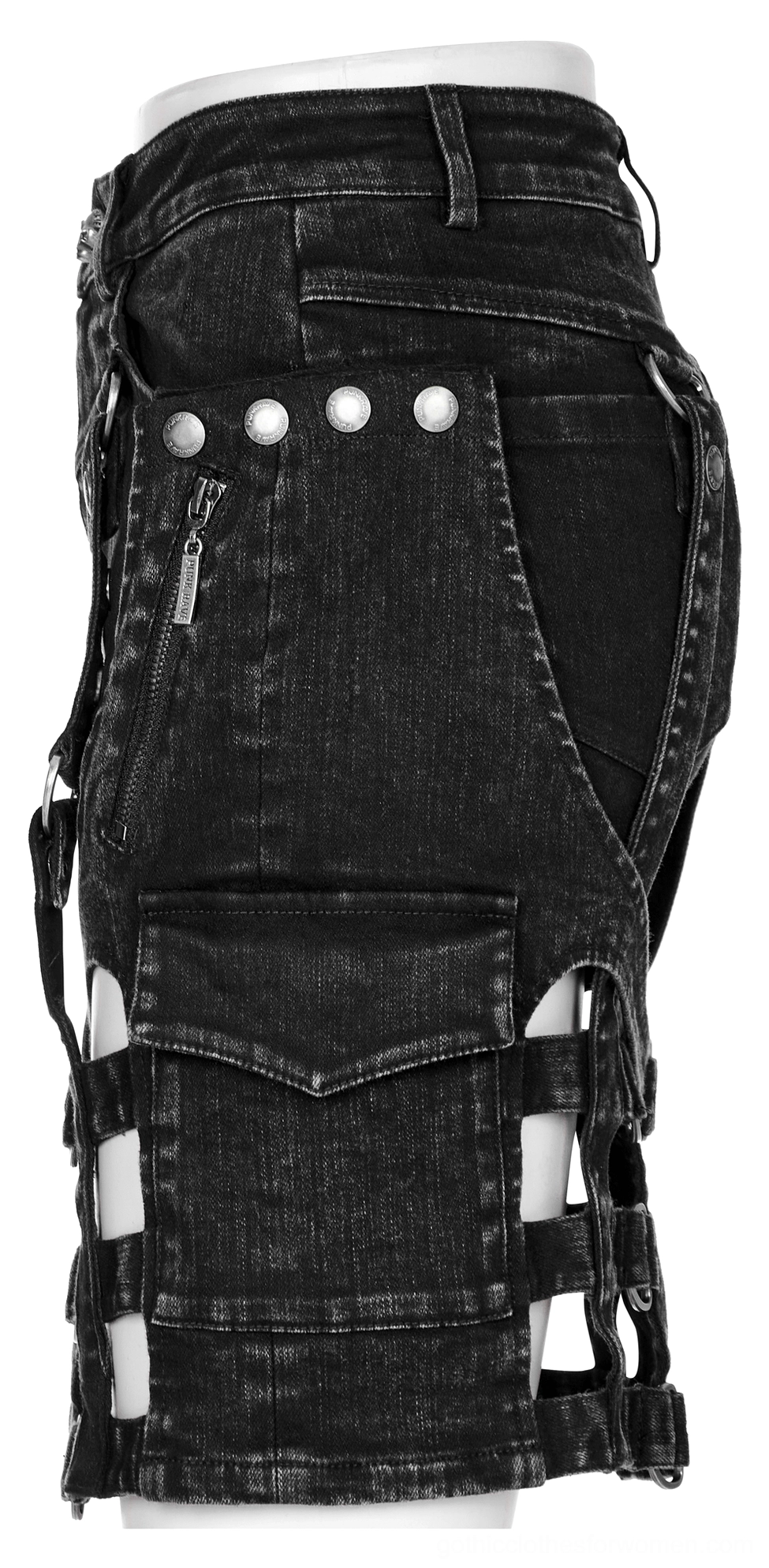 Black denim harness shorts side view showing cutout leg straps and silver rivets