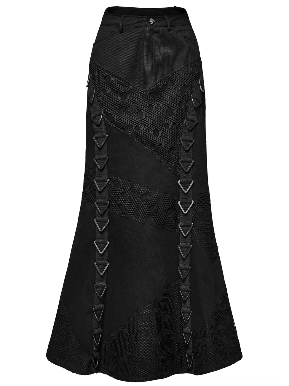 Black denim mesh fishtail skirt rear flat lay, back slit, functional pockets, alternative fashion design