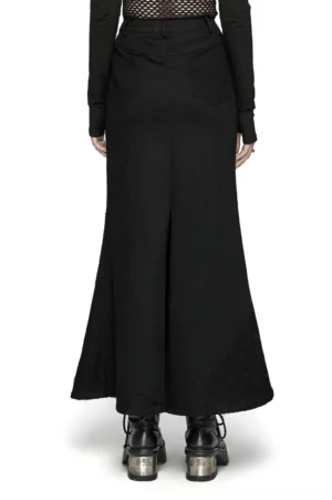 Black denim mesh fishtail skirt rear view on model, back slit and platform boots, gothic denim style
