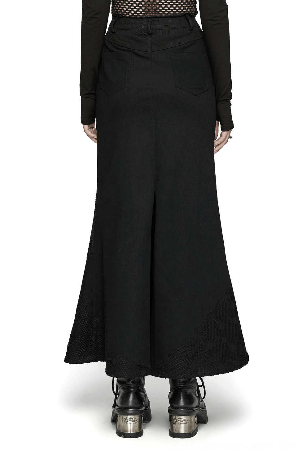 Black denim mesh fishtail skirt rear view on model, back slit and platform boots, gothic denim style