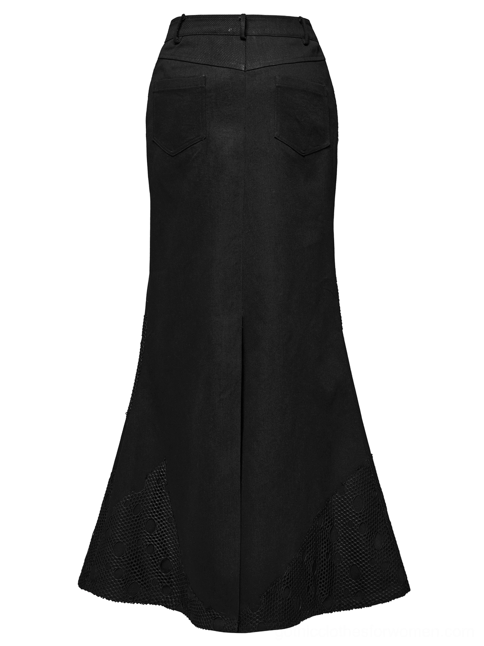 Black denim mesh fishtail skirt rear close-up, tailored back pockets, structural back slit detail