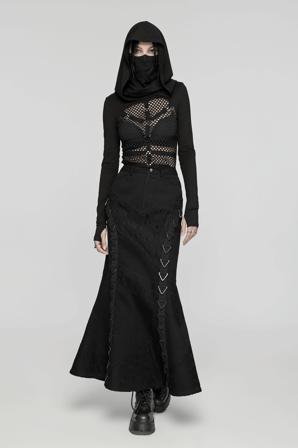 Black denim mesh fishtail skirt final product view, complete silhouette, gothic denim fashion piece