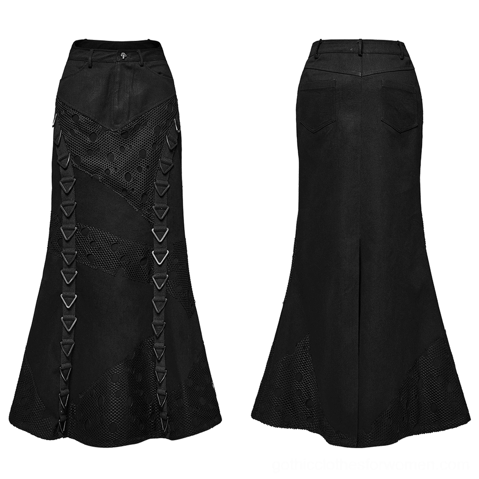 Black denim mesh fishtail skirt flat lay front, triangular buckle trim, perforated mesh panels, gothic skirt detail