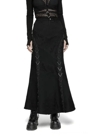 Black denim mesh fishtail skirt front view worn on model, triangular buckle straps visible, gothic alternative fashion