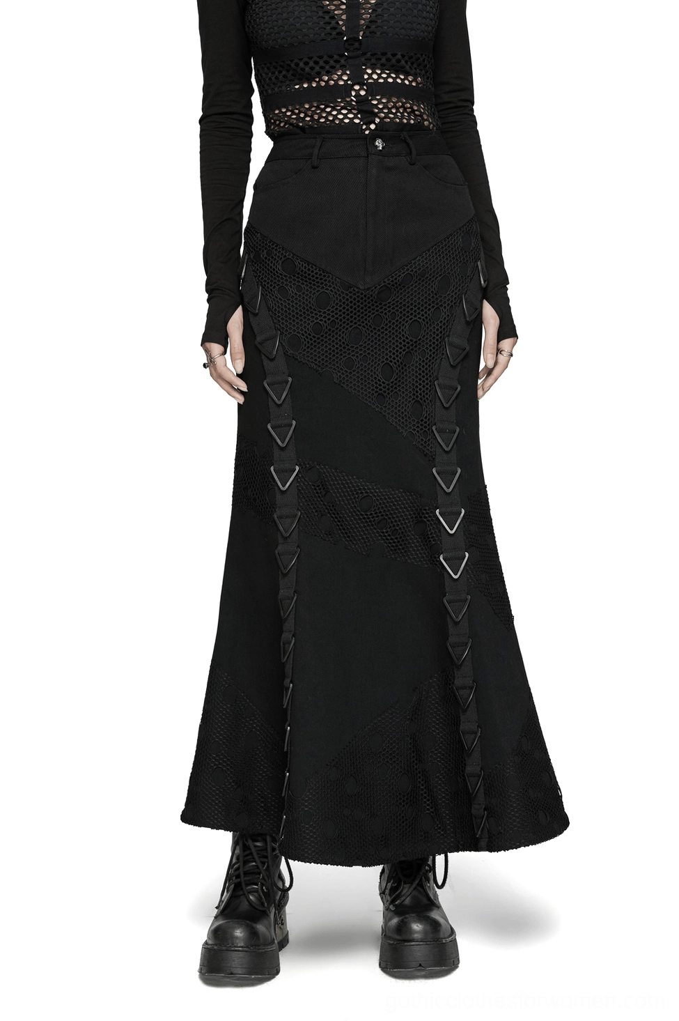 Black denim mesh fishtail skirt front view worn on model, triangular buckle straps visible, gothic alternative fashion
