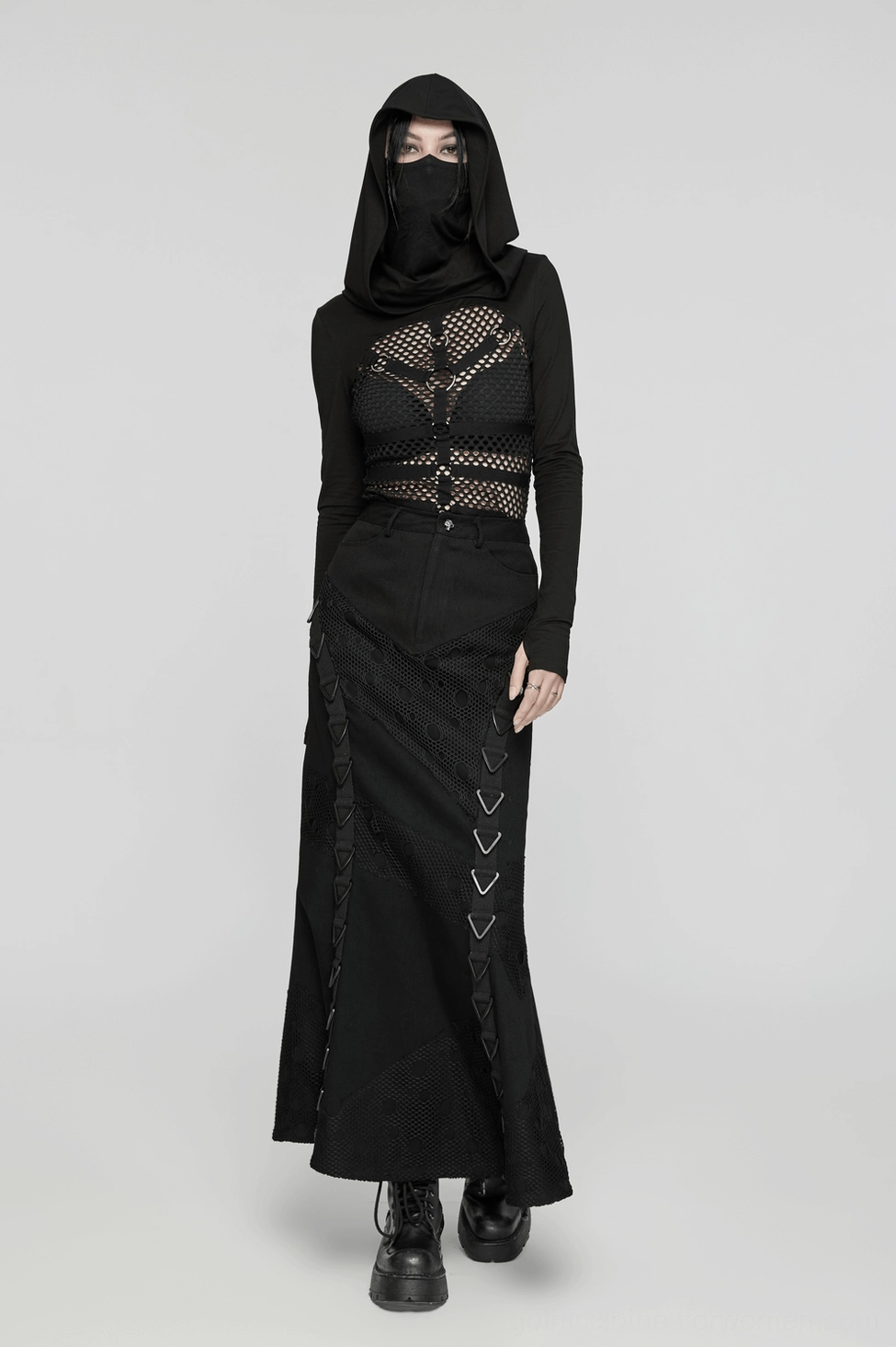 Black denim mesh fishtail skirt overall composition, triangular buckles, mesh splicing, gothic design