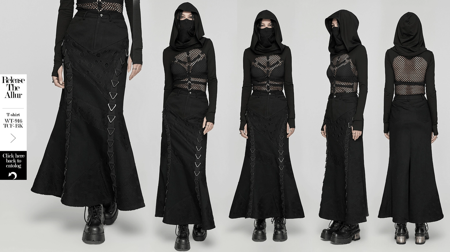 Black denim mesh fishtail skirt main product shot, front full-body display, gothic style alternative wear