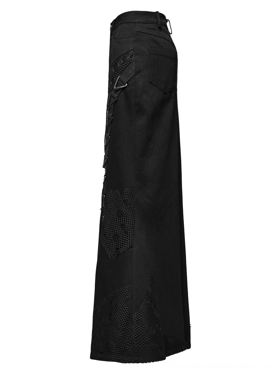 Black denim mesh fishtail skirt side view, slim silhouette, decorative straps, gothic style mesh panels