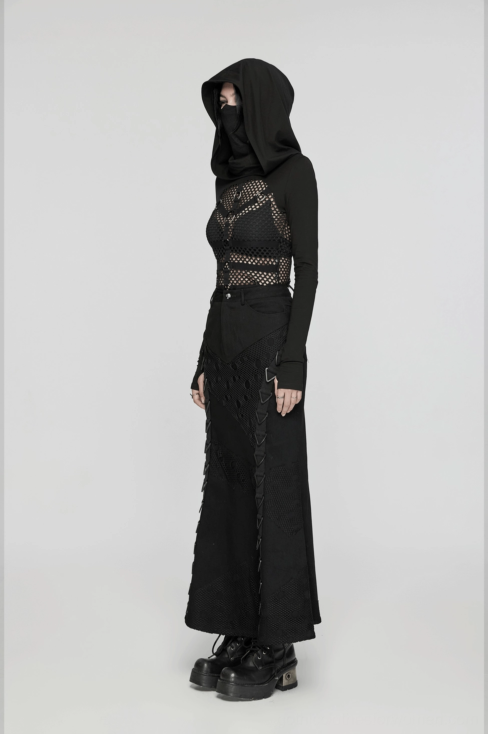 Black denim mesh fishtail skirt styled photography, gothic alternative fashion piece, dark aesthetic
