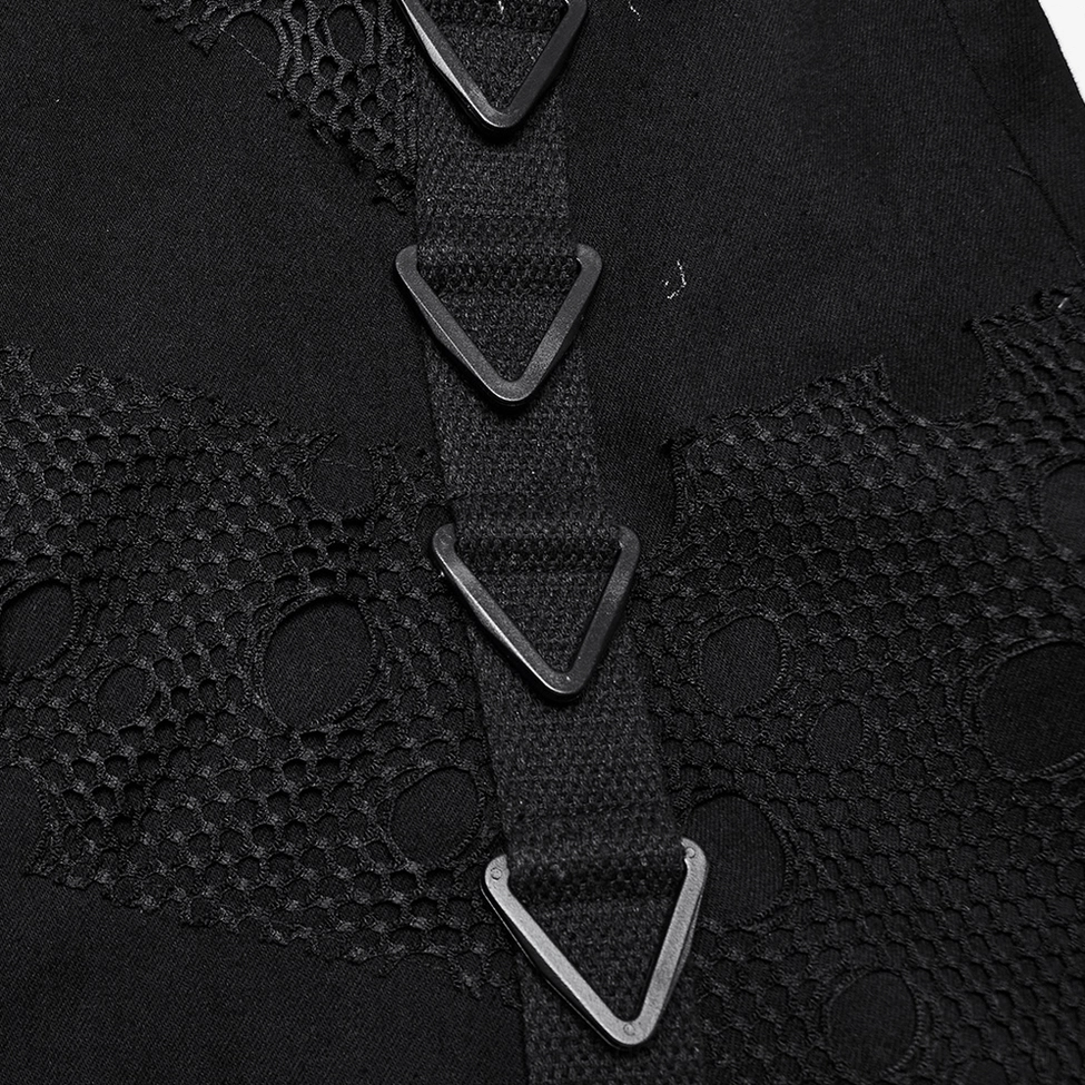 Black denim mesh fishtail skirt construction detail, textile quality, perforated mesh insert texture