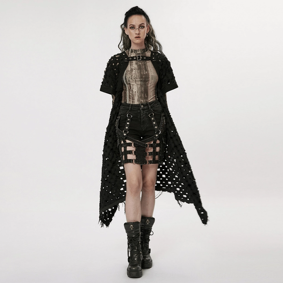 Black denim gothic shorts showing detachable skirt configuration and lattice cutouts
