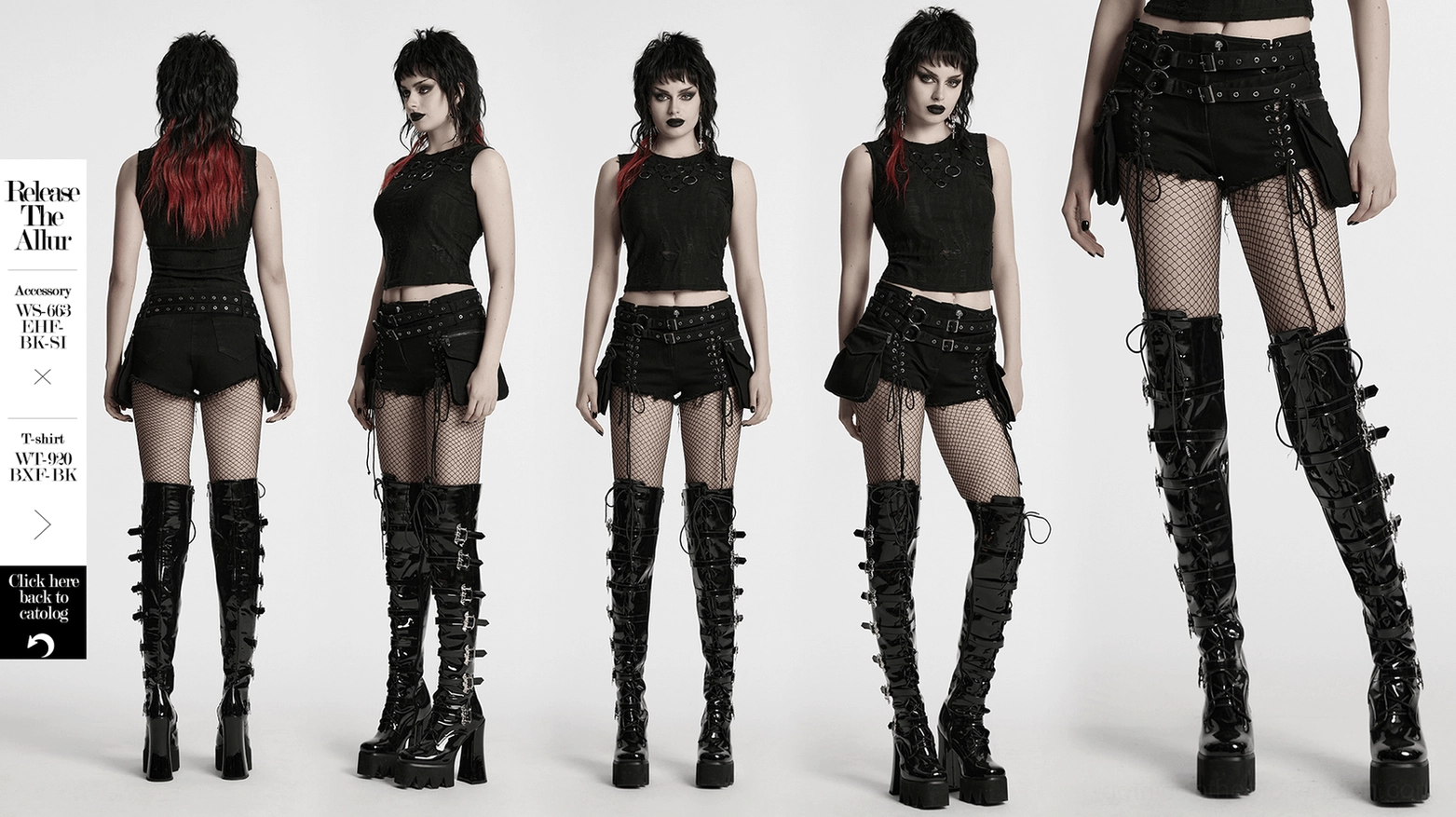 Primary product image of black denim shorts with double buckle belts and lace-up construction capturing gothic punk aesthetic