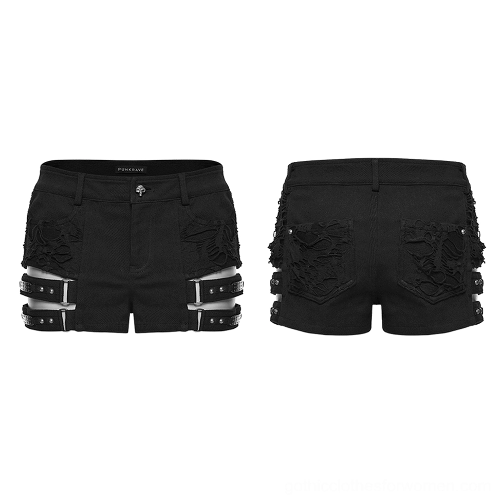 Black distressed denim shorts front and back flat lay, metal harness straps, ripped pocket details