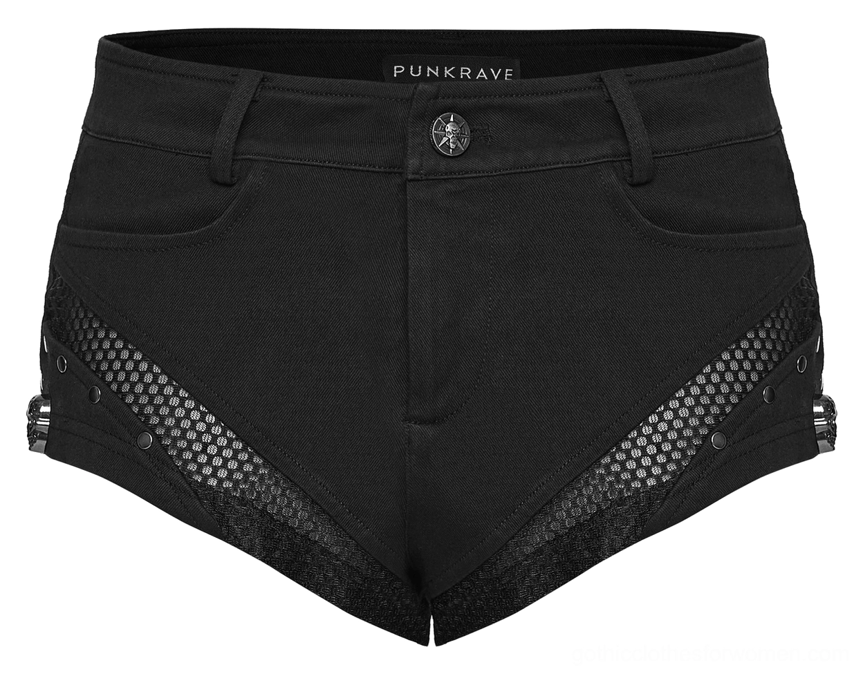 Gothic denim shorts front flat lay showing denim twill fabric and skull branded metal button