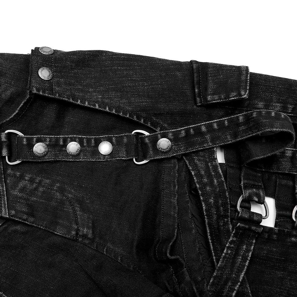 Silver rivet and adjustable strap with D-ring on black distressed denim shorts detail