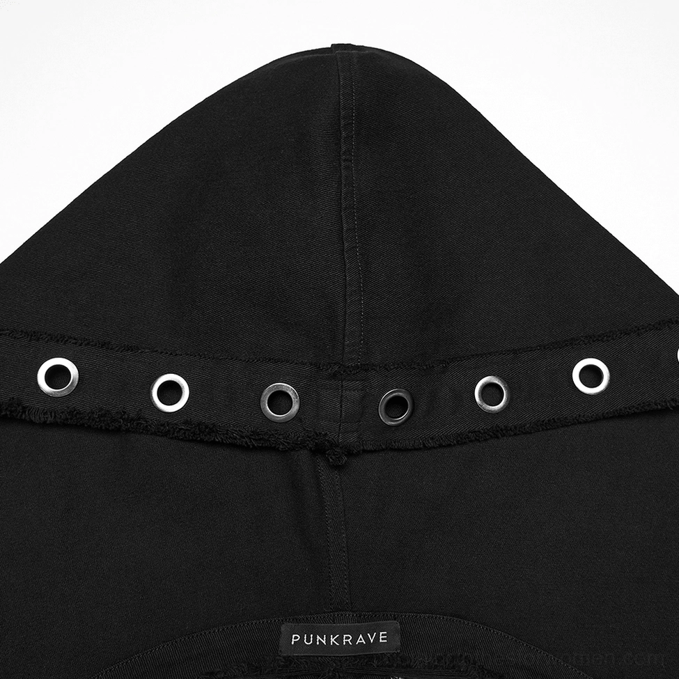 Closeup of black hooded denim vest hood trim showing metal eyelet detailing and brand label on fabric