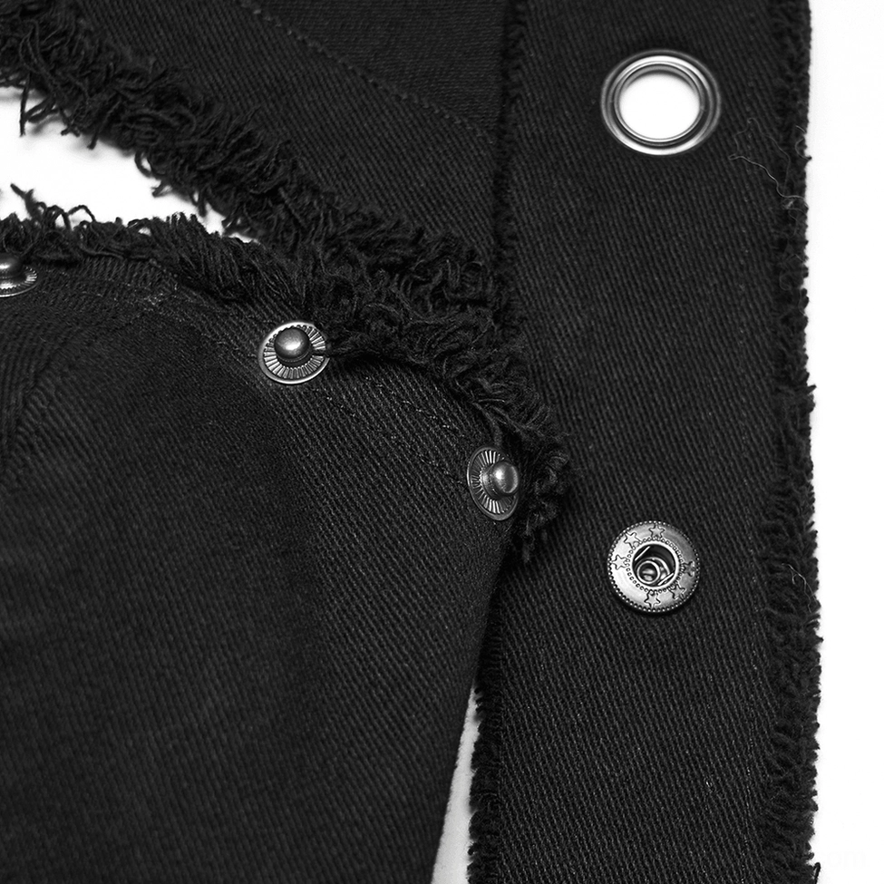Side closeup detail of black punk denim corset vest showcasing metal eyelets, skull fasteners, and water-washed frayed texture
