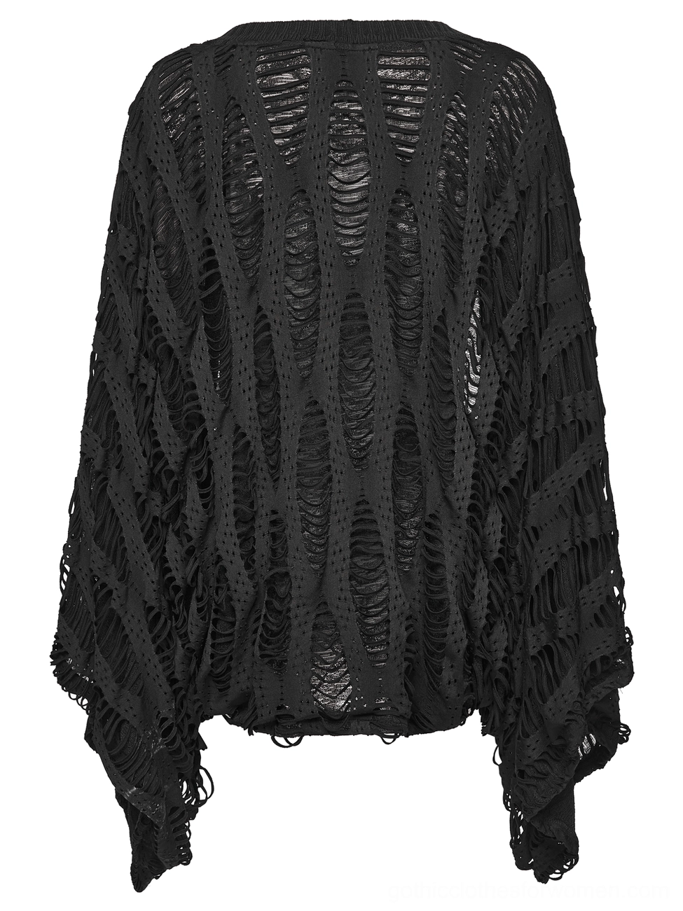 Black punk ripped cardigan back flat lay - vertical hollow knit pattern with frayed hemline