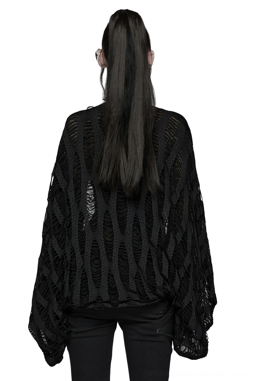 Black punk ripped knit cardigan back view - batwing loose sleeves with destroyed hollow texture