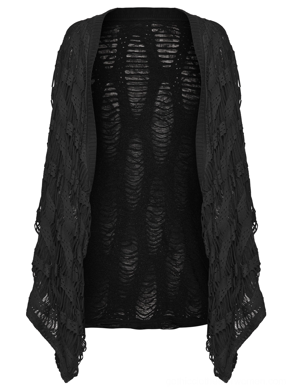 Black punk destroyed cardigan front flat lay - hollow knit pattern and open front construction detail
