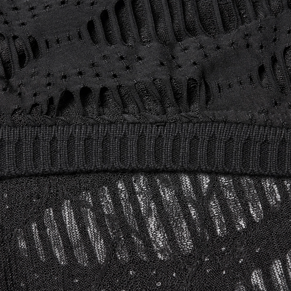 Black destroyed cardigan hem and fabric detail - ribbed trim, see-through inner knit, ripped design