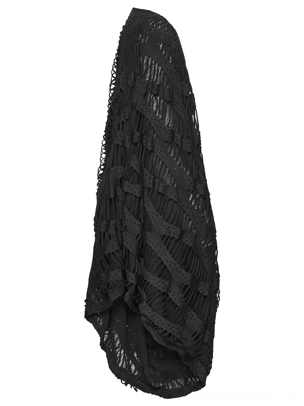 Black destroyed knit cardigan side view - draped loose fit with frayed knitted texture detail