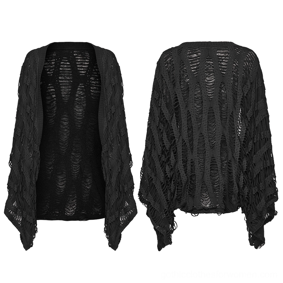 Black destroyed knit cardigan flat lay - front and side view showing open buttonless design and frayed edges