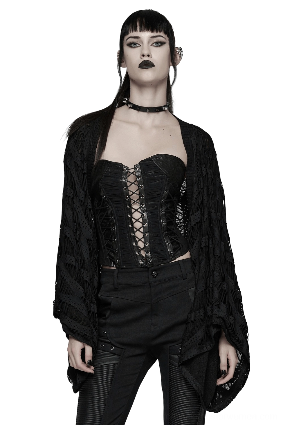 Black destroyed knit gothic cardigan with exaggerated raglan sleeves - front full body view on model