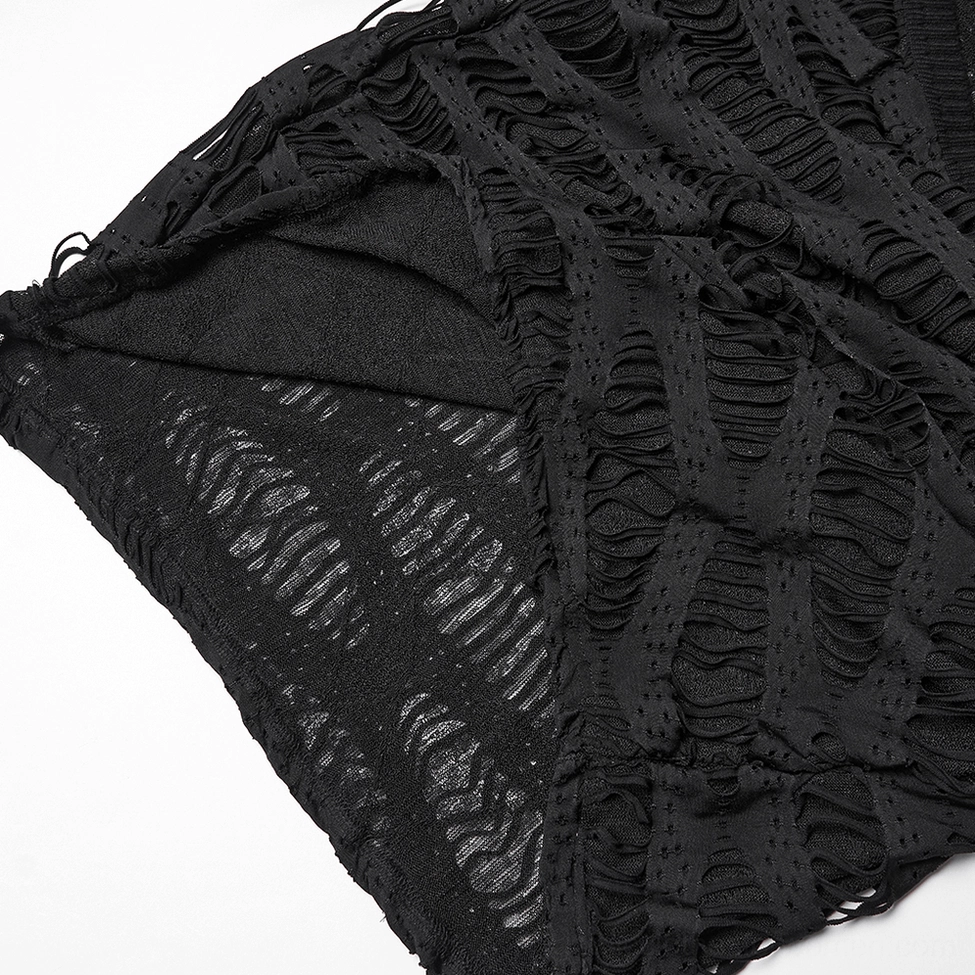 Black punk destroyed knit cardigan - full garment display showing overall silhouette and loose construction