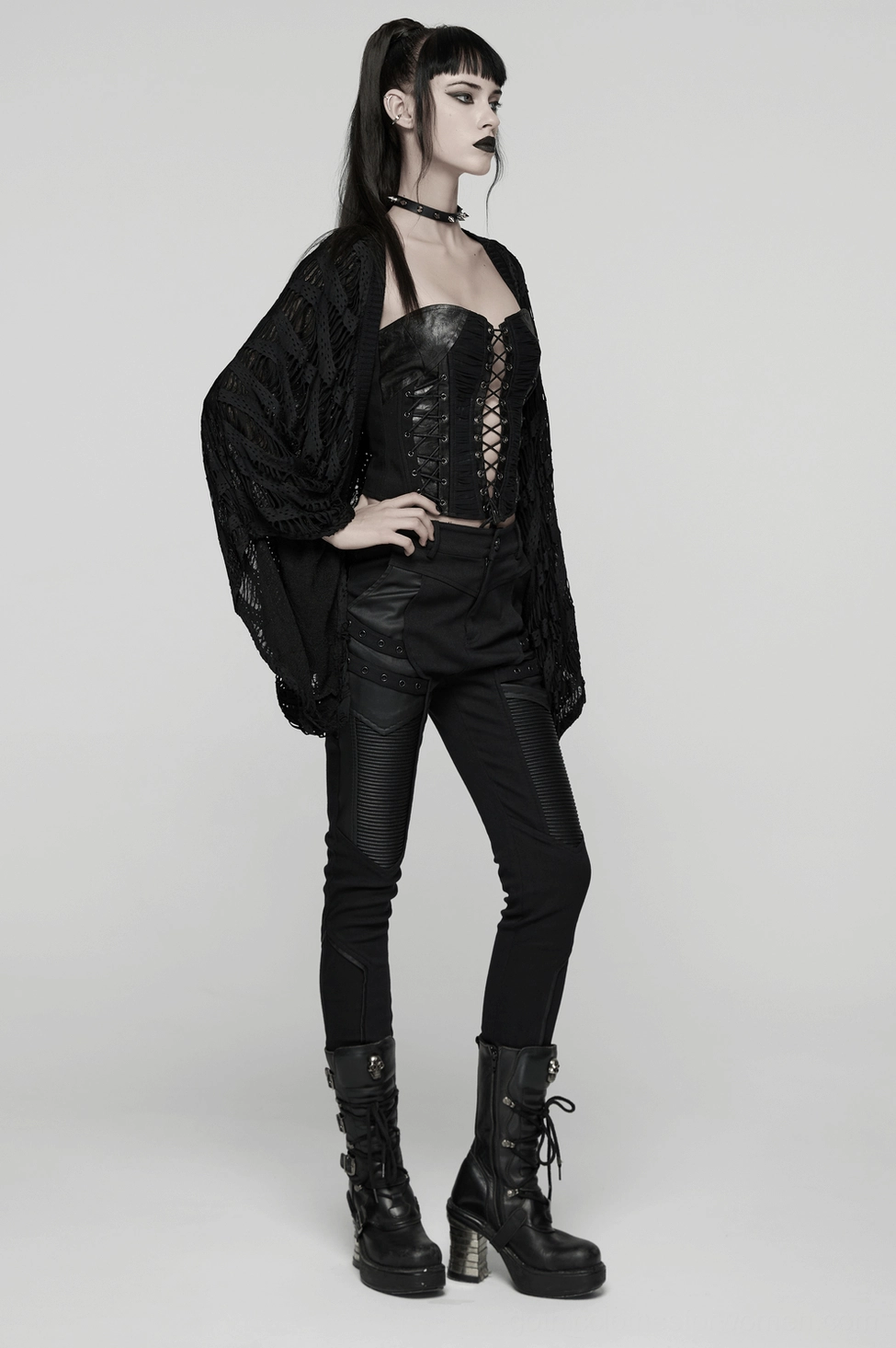 Black destroyed knit gothic cardigan - layered view highlighting destroyed hollow areas and drape