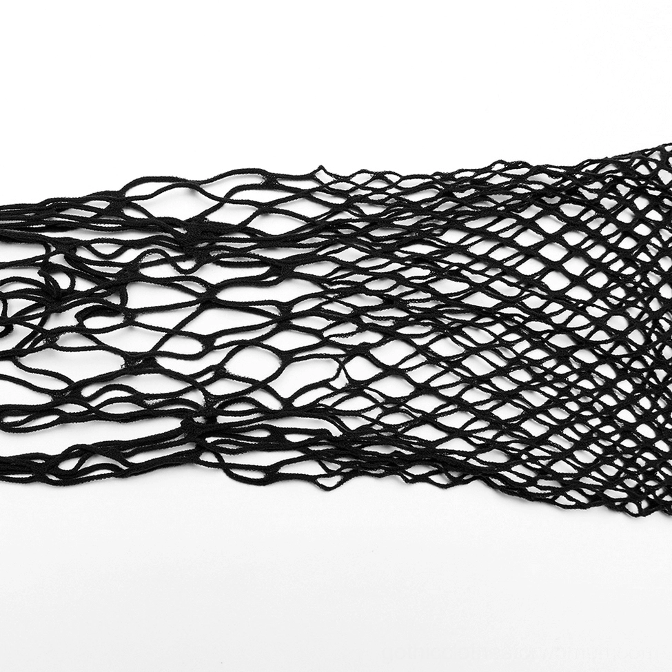 Black diamond mesh fabric close-up texture detail, large fishnet pattern weave showing polyamide elastane blend construction