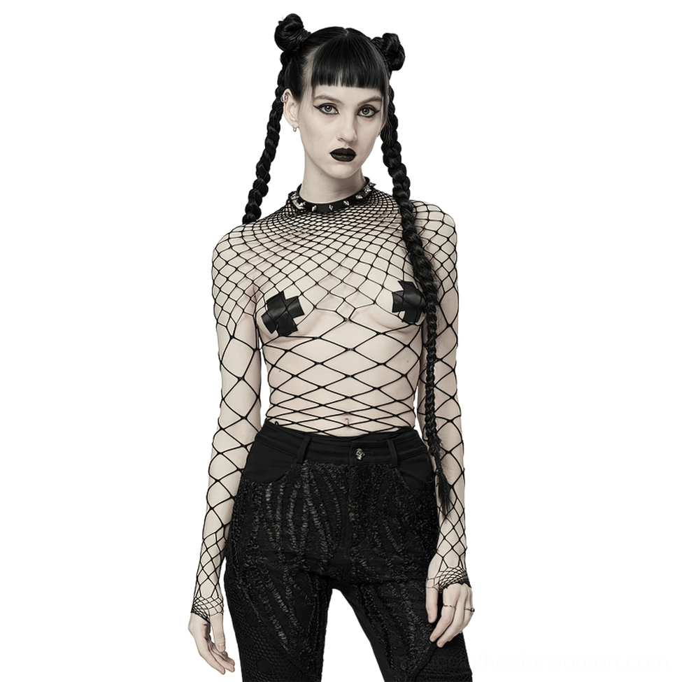 Black diamond mesh bodysuit front three-quarter view on gothic model with braided buns, sheer fishnet construction with high turtle neck and cross nipple covers