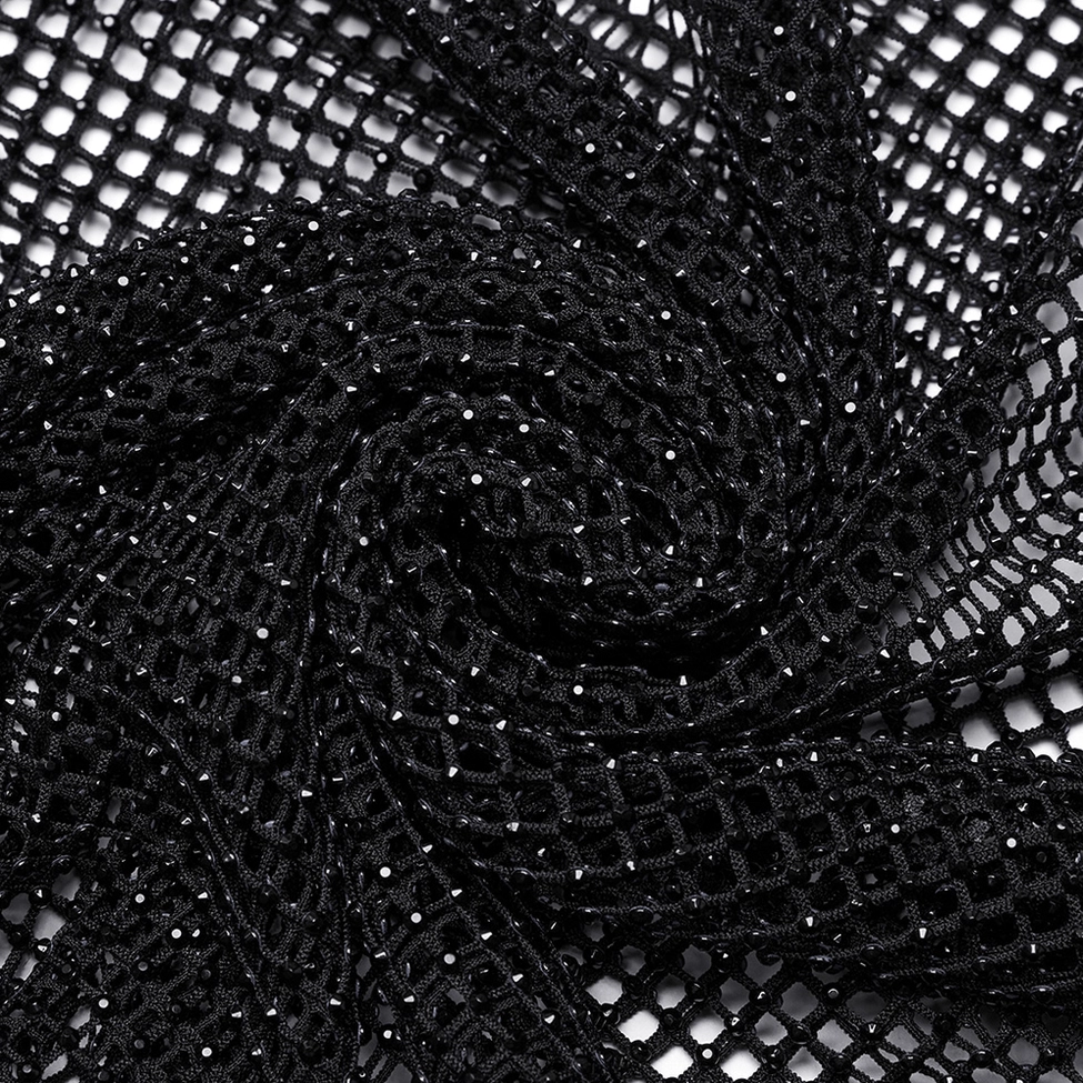 Stretchy black mesh fabric flat lay, demonstrating diamond weave pattern, elastane blend, and solid black tone