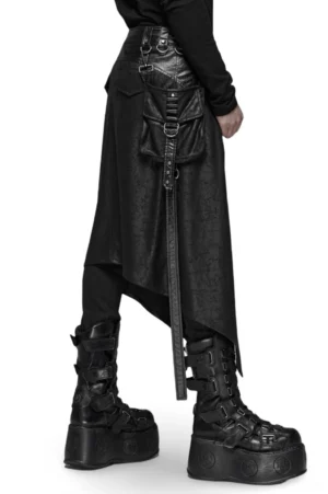 Dieselpunk half kilt with long decorative hanging strap - side rear view showing draped leather panel and asymmetric hem