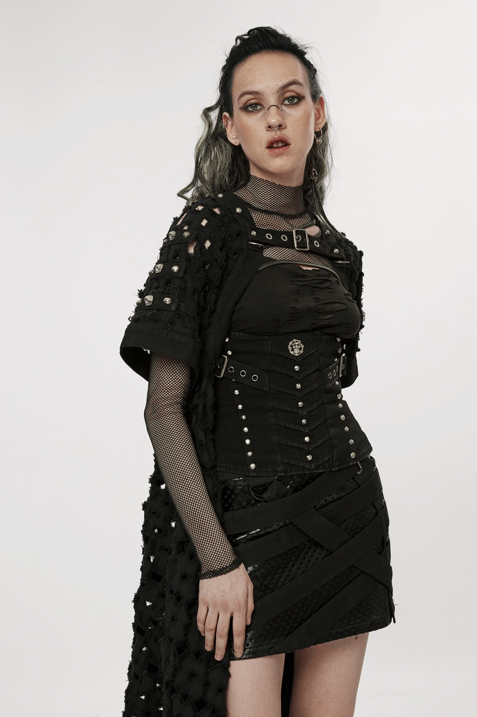 Full length black distressed cape cardigan with skull rivet shoulders and asymmetrical hem, front model shot