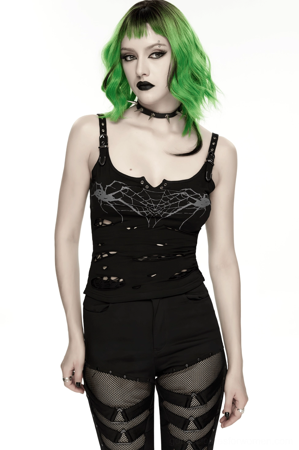 Black distressed gothic camisole styled on model demonstrating alternative fashion aesthetic and edge