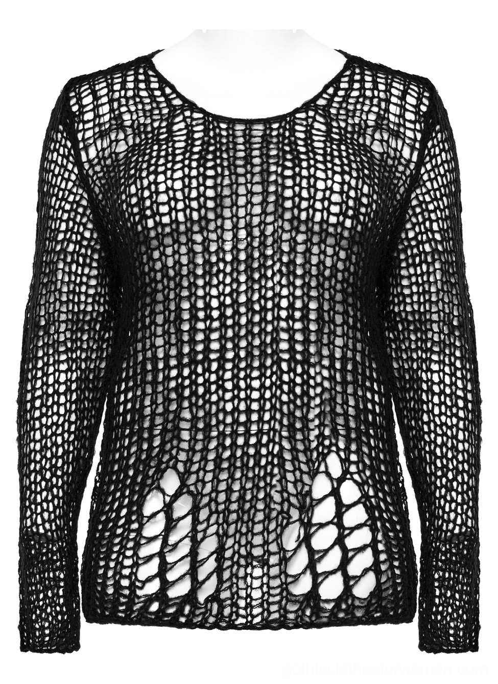 Front view of black crocheted gothic pullover sweater on single mannequin, highlighting round neckline, long sleeves, oversized fit, and distressed hem cutout details