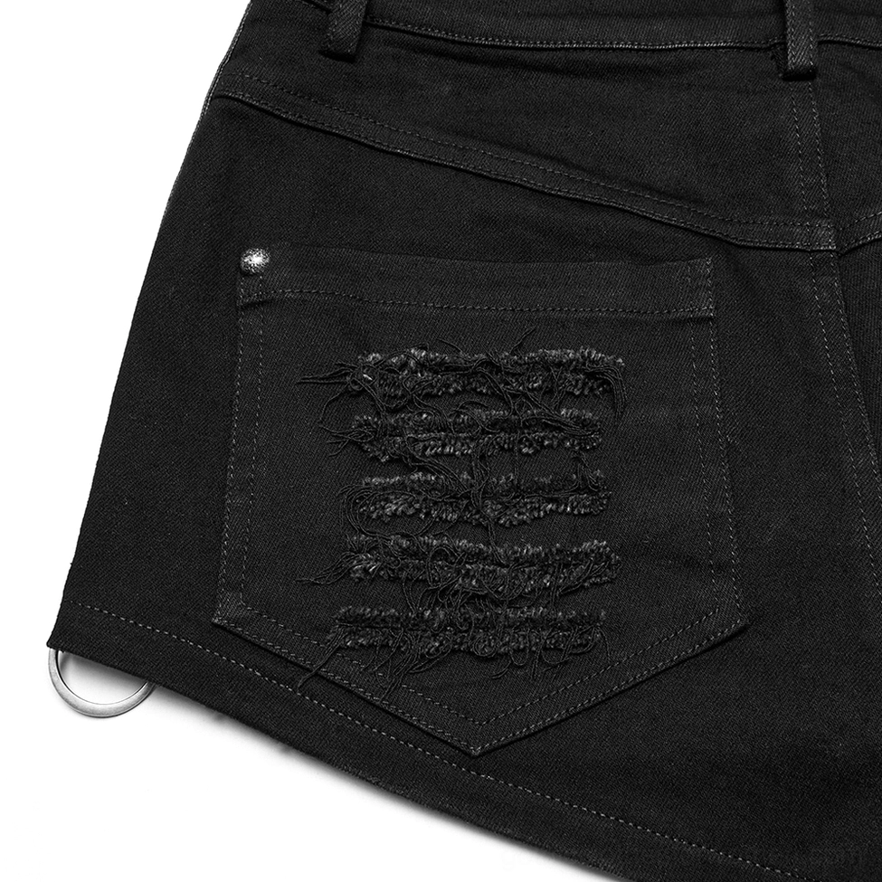 Black distressed gothic denim shorts product photography featuring mesh panel accents and complete hardware styling showcase