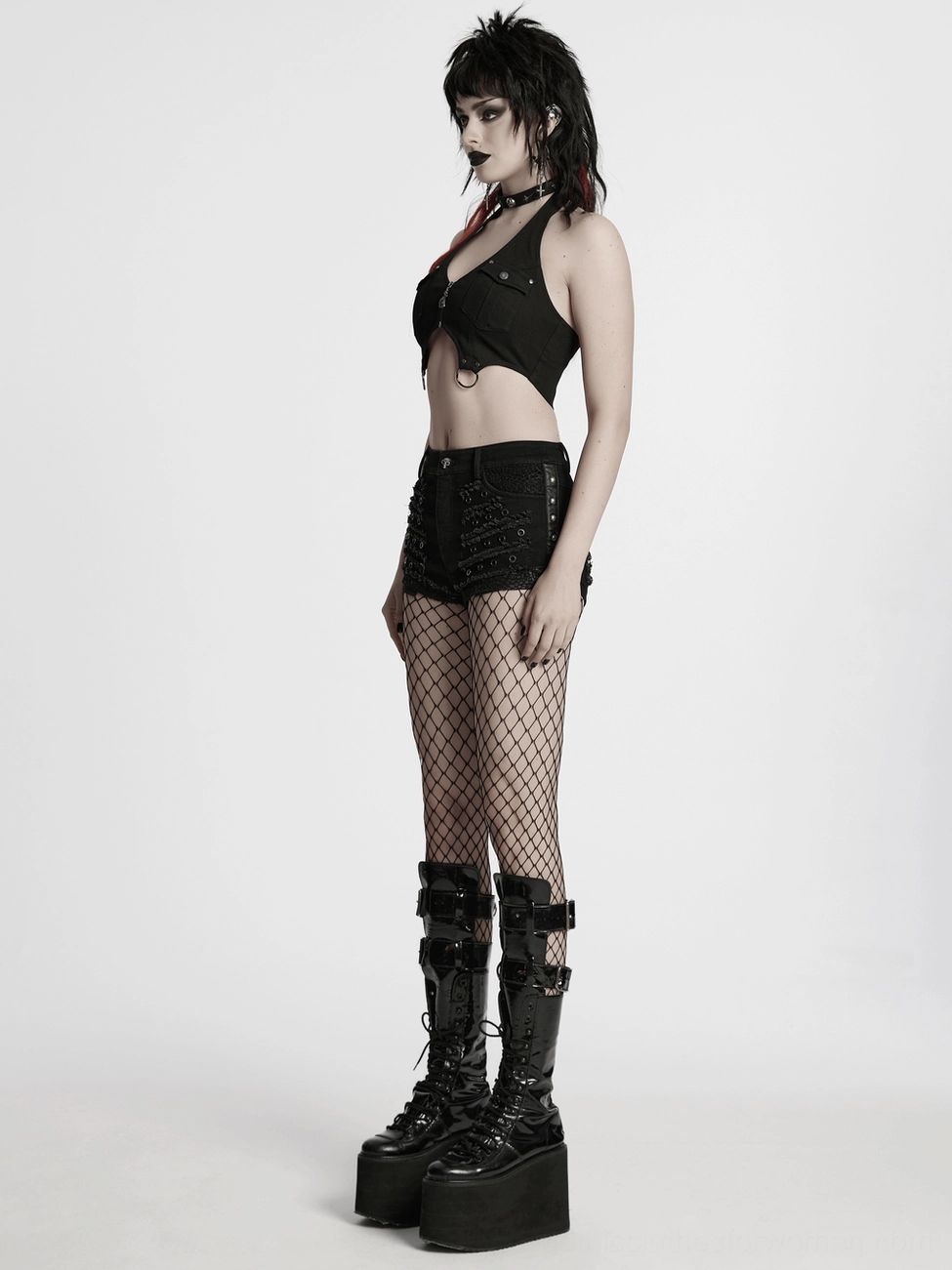 Professional product photography of black gothic distressed shorts displaying overall silhouette and all decorative elements on white background