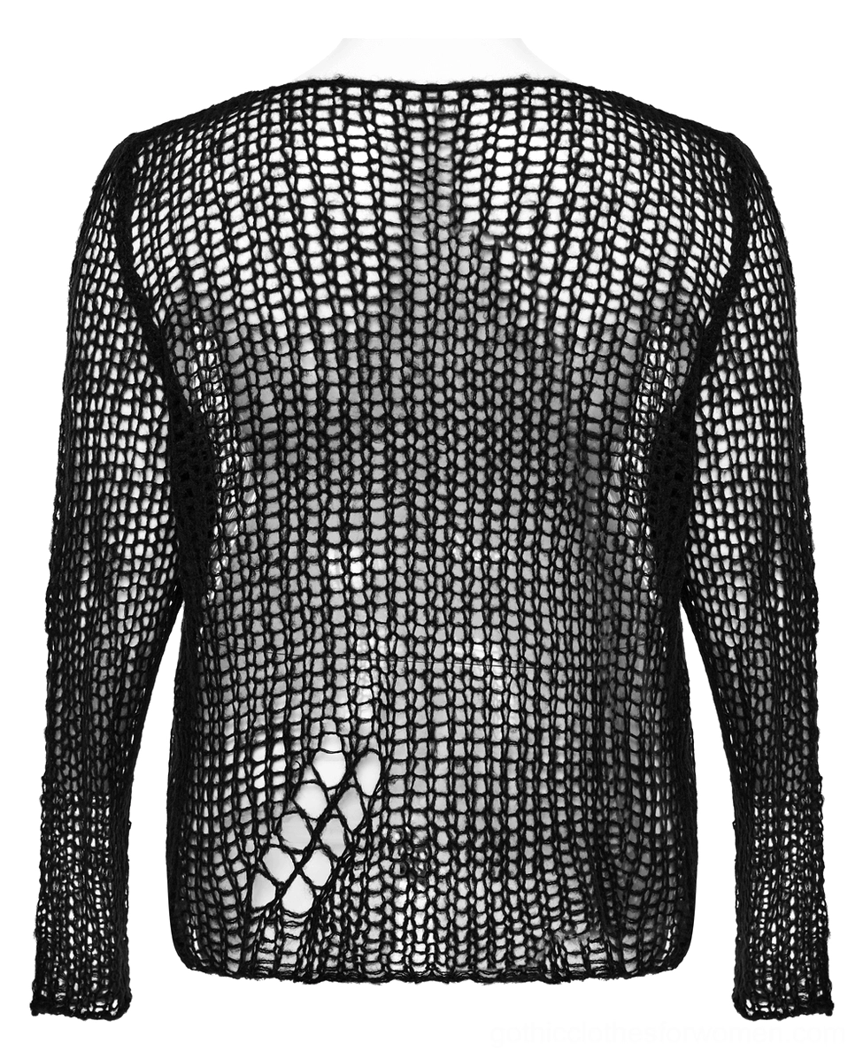 Rear view of black distressed mesh gothic sweater on mannequin, displaying open back crocheted knit, lower back distressed cutout details, and overall construction