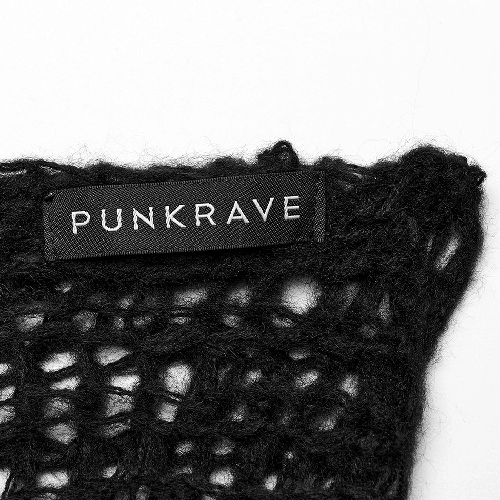 Internal garment brand tag on black distressed gothic mohair sweater, showing PUNKRAVE branding and fuzzy fiber detail